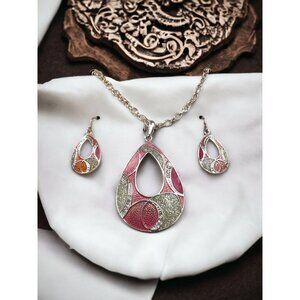 Kim Rogers Pink & Silver Teardrop Necklace & Earrings Set New in Box
